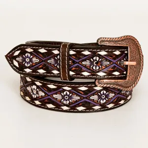 BAR H EQUINE Genuine White Flower Hand Painted Western Leather Men And Women Belt Dark Brown
