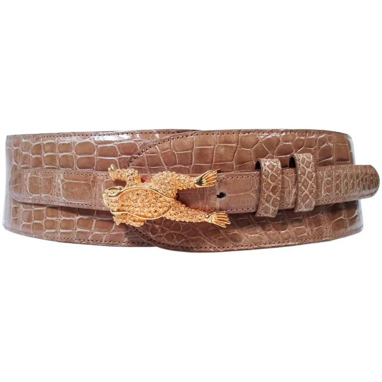 BARRY KEISELSTEIN-CORD Nude Alligator Belt Goldtone Sterling Frog Buckle Large