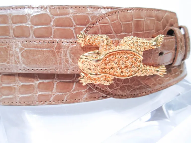 BARRY KEISELSTEIN-CORD Nude Alligator Belt Goldtone Sterling Frog Buckle Large