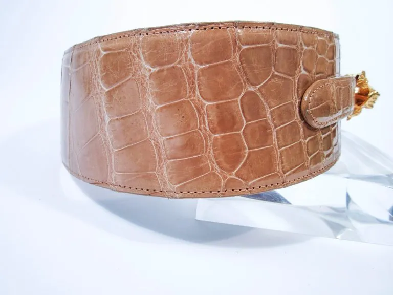 BARRY KEISELSTEIN-CORD Nude Alligator Belt Goldtone Sterling Frog Buckle Large