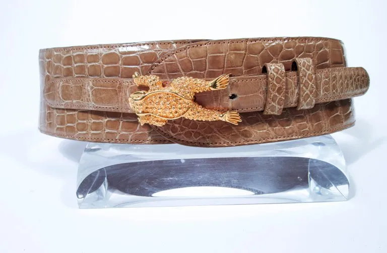 BARRY KEISELSTEIN-CORD Nude Alligator Belt Goldtone Sterling Frog Buckle Large