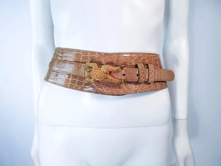 BARRY KEISELSTEIN-CORD Nude Alligator Belt Goldtone Sterling Frog Buckle Large