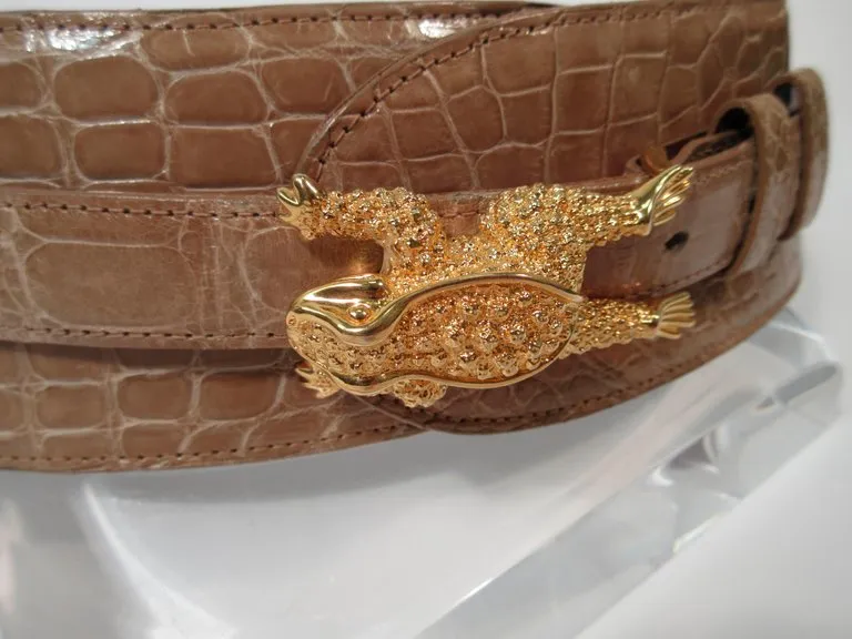 BARRY KEISELSTEIN-CORD Nude Alligator Belt Goldtone Sterling Frog Buckle Large