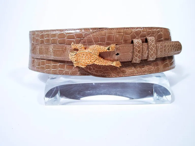 BARRY KEISELSTEIN-CORD Nude Alligator Belt Goldtone Sterling Frog Buckle Large