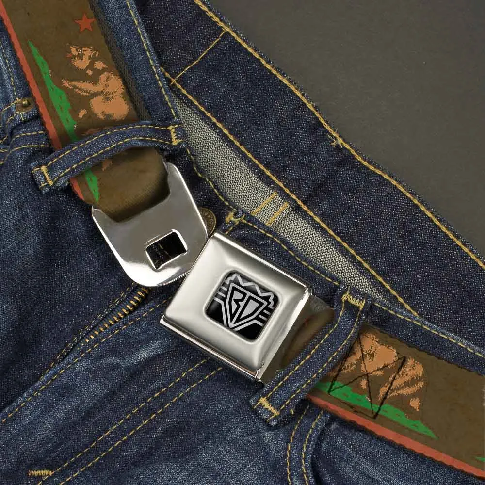 BD Wings Logo CLOSE-UP Full Color Black Silver Seatbelt Belt - California Flag Weathered Browns Webbing