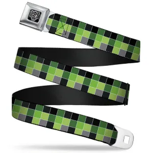 BD Wings Logo CLOSE-UP Full Color Black Silver Seatbelt Belt - Checker Mosaic Green Webbing
