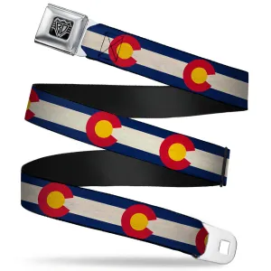 BD Wings Logo CLOSE-UP Full Color Black Silver Seatbelt Belt - Colorado Flags2 Repeat Vintage2 Webbing