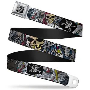 BD Wings Logo CLOSE-UP Full Color Black Silver Seatbelt Belt - Dead Men Tell No Tales CLOSE-UP White Webbing