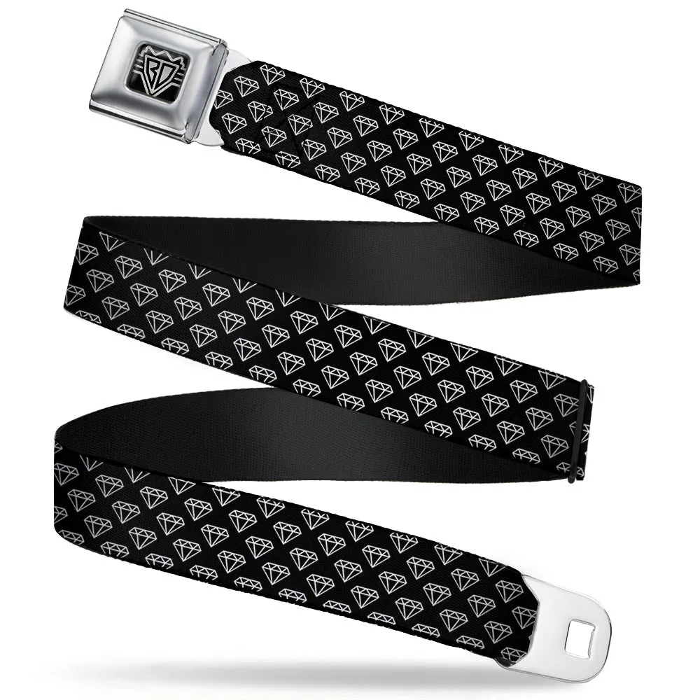 BD Wings Logo CLOSE-UP Full Color Black Silver Seatbelt Belt - Diamonds Diagonal2 Lines Black/White Webbing