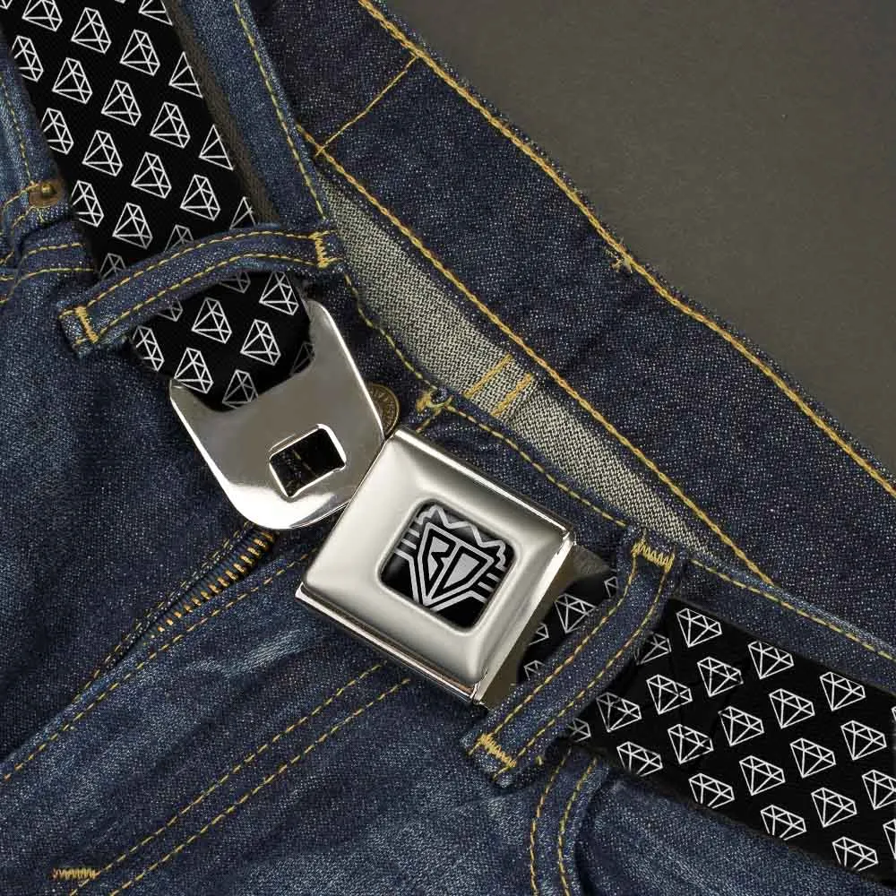 BD Wings Logo CLOSE-UP Full Color Black Silver Seatbelt Belt - Diamonds Diagonal2 Lines Black/White Webbing