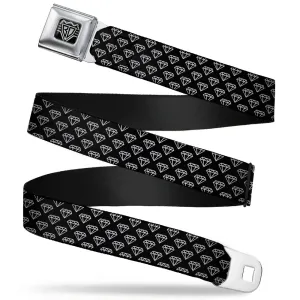 BD Wings Logo CLOSE-UP Full Color Black Silver Seatbelt Belt - Diamonds Diagonal2 Lines Black/White Webbing