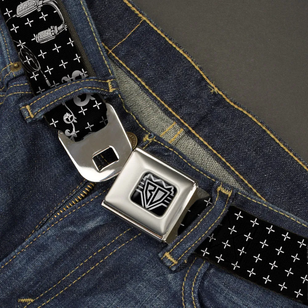 BD Wings Logo CLOSE-UP Full Color Black Silver Seatbelt Belt - DJ Skulls Black/Gray Webbing