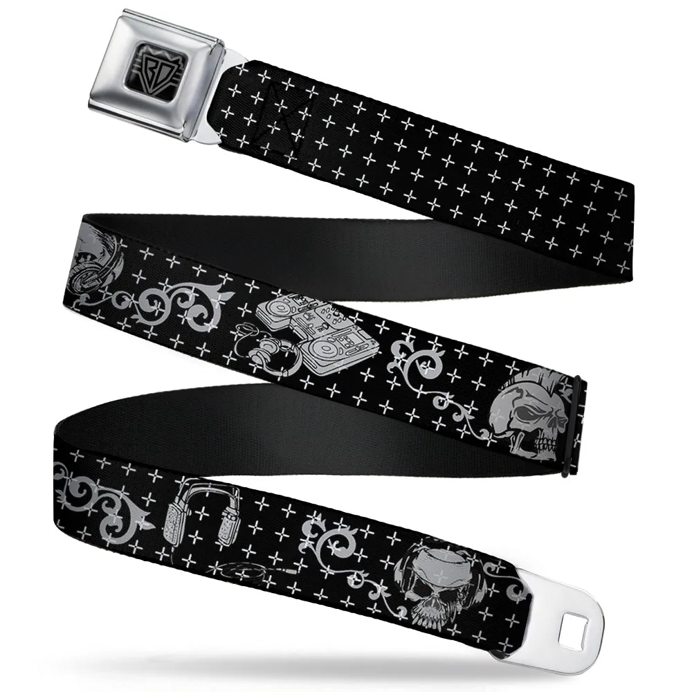 BD Wings Logo CLOSE-UP Full Color Black Silver Seatbelt Belt - DJ Skulls Black/Gray Webbing