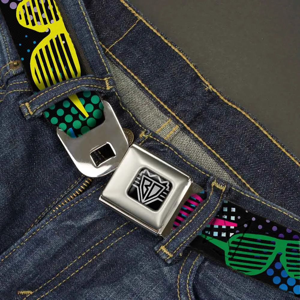 BD Wings Logo CLOSE-UP Full Color Black Silver Seatbelt Belt - Eighties Shades Black/Neon Webbing