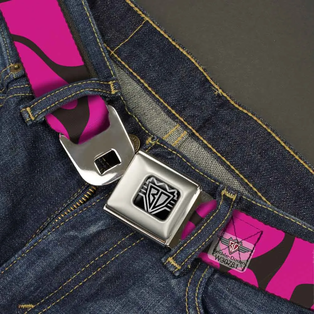BD Wings Logo CLOSE-UP Full Color Black Silver Seatbelt Belt - Giraffe Spots Black/Fuchsia Webbing