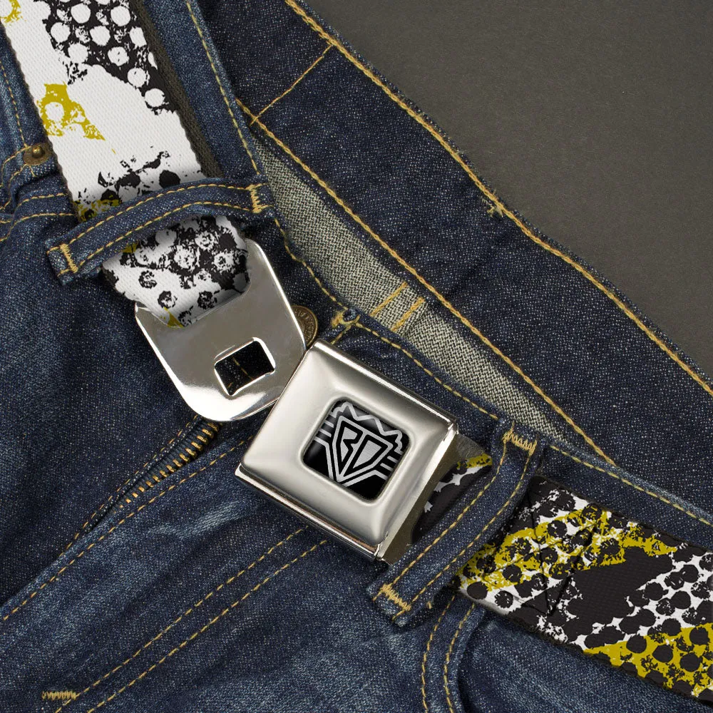 BD Wings Logo CLOSE-UP Full Color Black Silver Seatbelt Belt - Grunge Tread Yellow Webbing