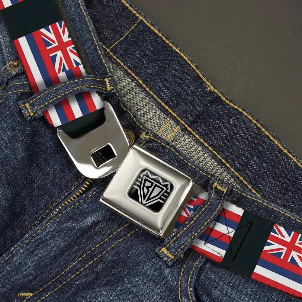 BD Wings Logo CLOSE-UP Full Color Black Silver Seatbelt Belt - Hawaii Flags Webbing