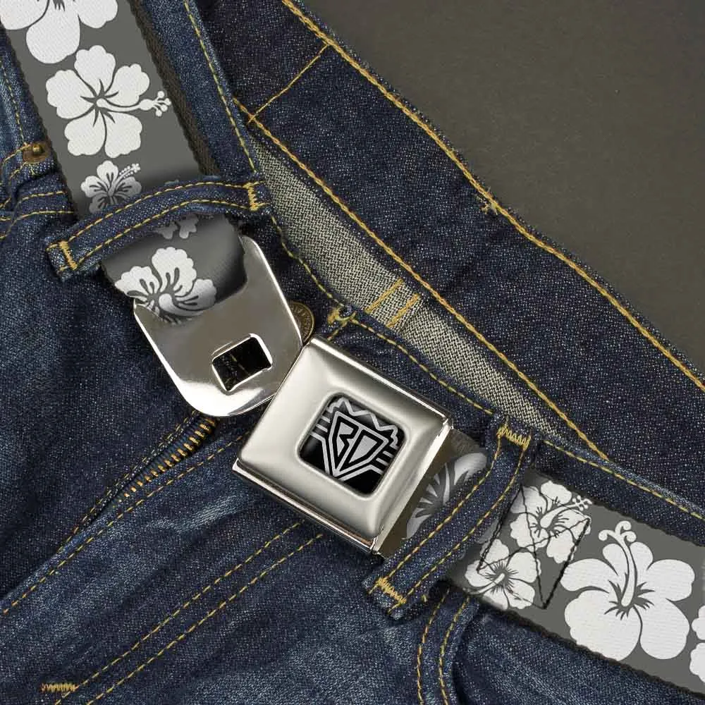 BD Wings Logo CLOSE-UP Full Color Black Silver Seatbelt Belt - Hibiscus Gray/White Webbing