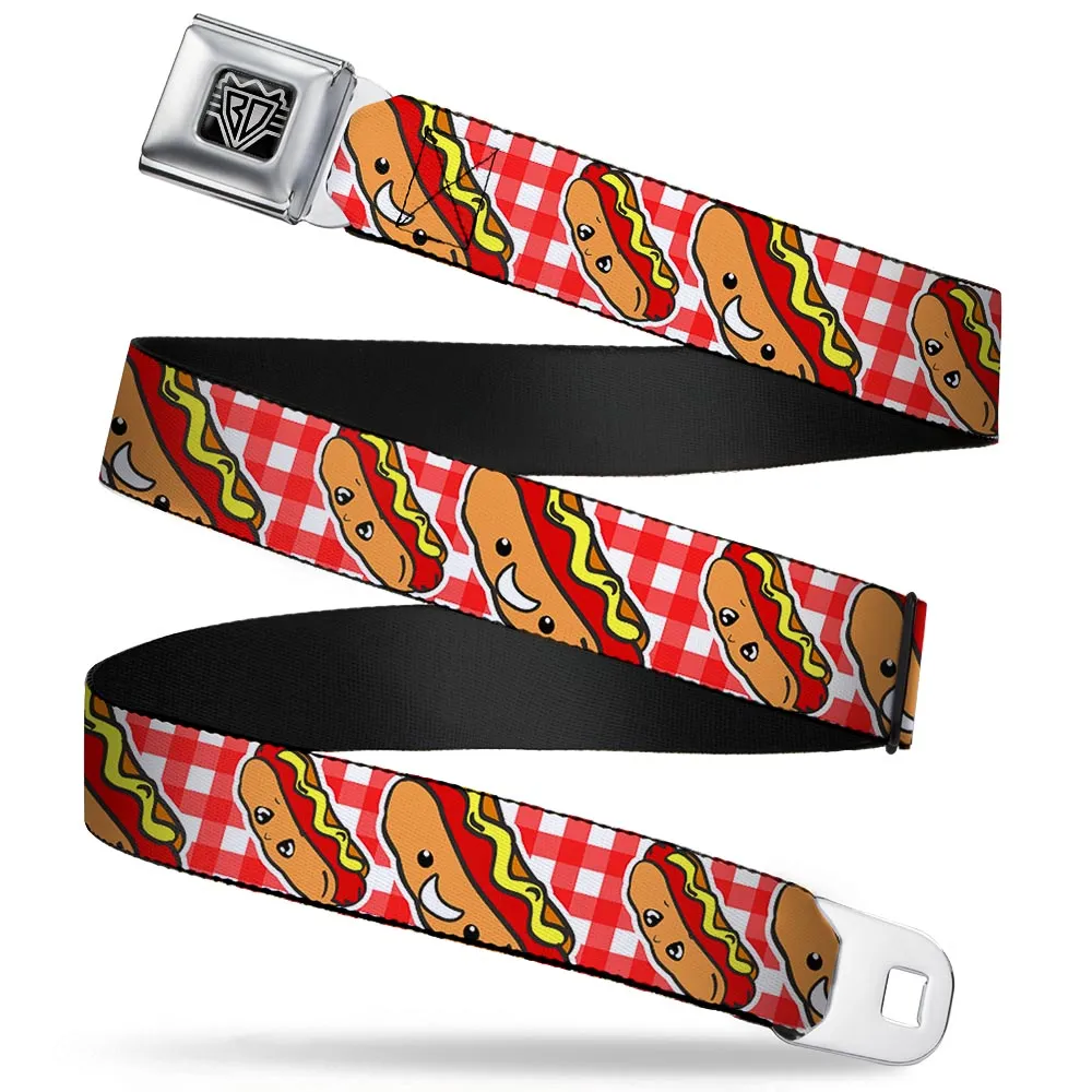 BD Wings Logo CLOSE-UP Full Color Black Silver Seatbelt Belt - Hot Dogs Buffalo Plaid White/Red Webbing