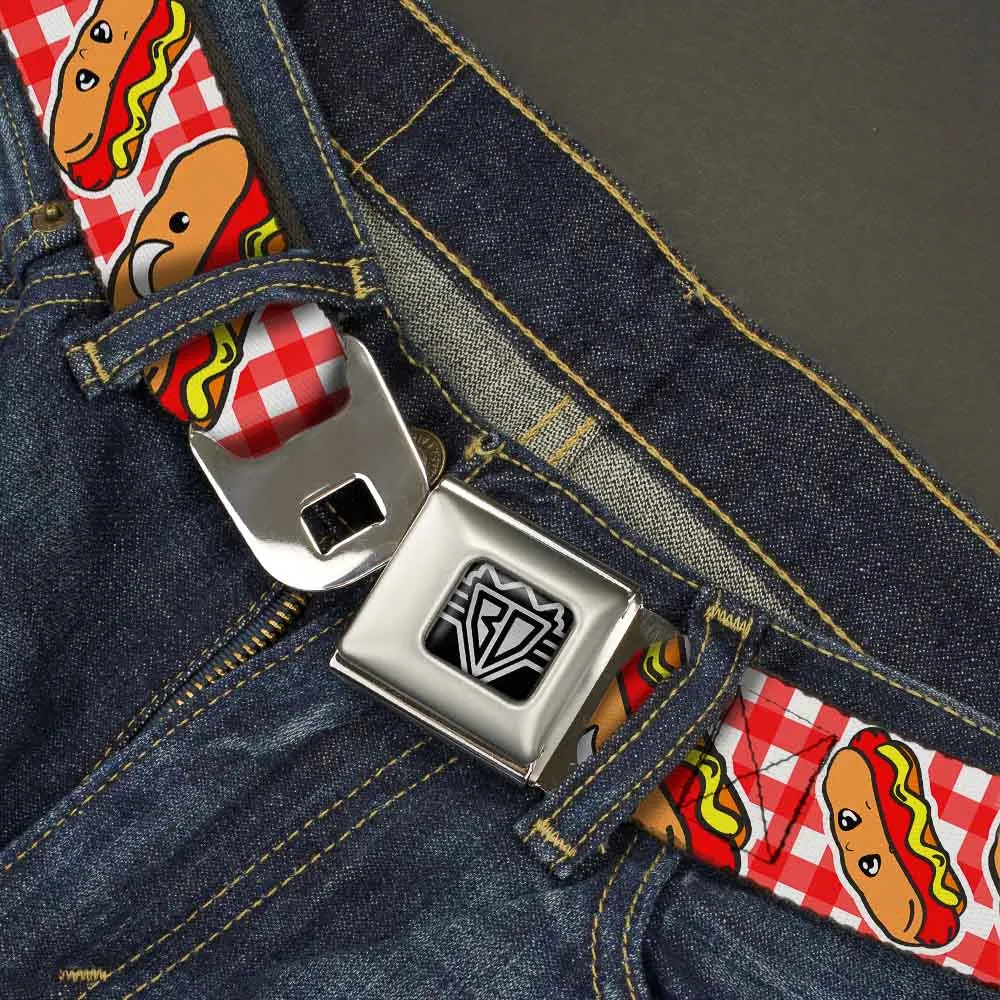 BD Wings Logo CLOSE-UP Full Color Black Silver Seatbelt Belt - Hot Dogs Buffalo Plaid White/Red Webbing