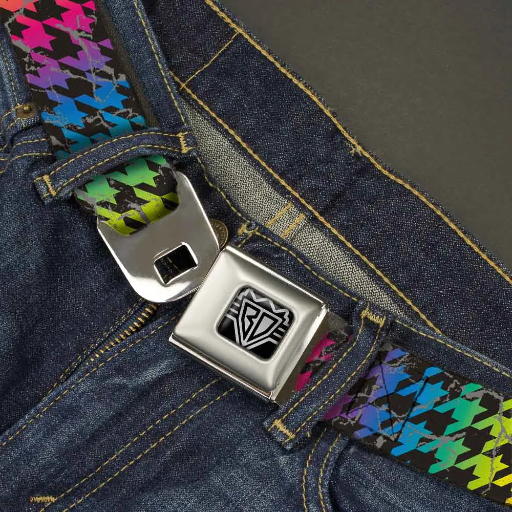 BD Wings Logo CLOSE-UP Full Color Black Silver Seatbelt Belt - Houndstooth Black/Rainbow Webbing