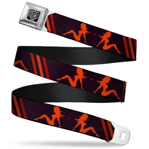 BD Wings Logo CLOSE-UP Full Color Black Silver Seatbelt Belt - Mud Flap Girls w/Stripes Black/Red/Orange Webbing