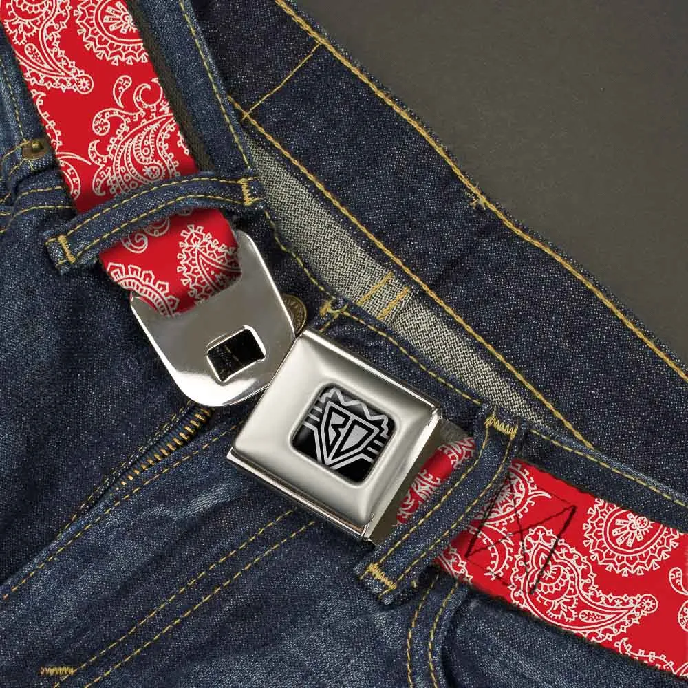 BD Wings Logo CLOSE-UP Full Color Black Silver Seatbelt Belt - Paisley Red/White Webbing