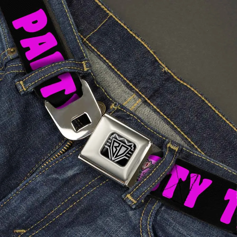 BD Wings Logo CLOSE-UP Full Color Black Silver Seatbelt Belt - PARTY TIME! Black/Fuchsia Webbing