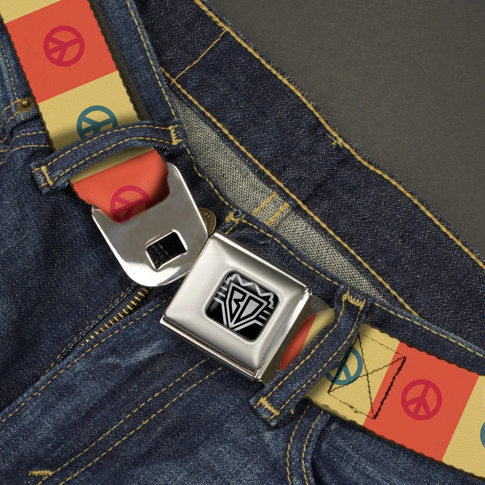 BD Wings Logo CLOSE-UP Full Color Black Silver Seatbelt Belt - Peace Blocks Red/Yellow/Blue Webbing