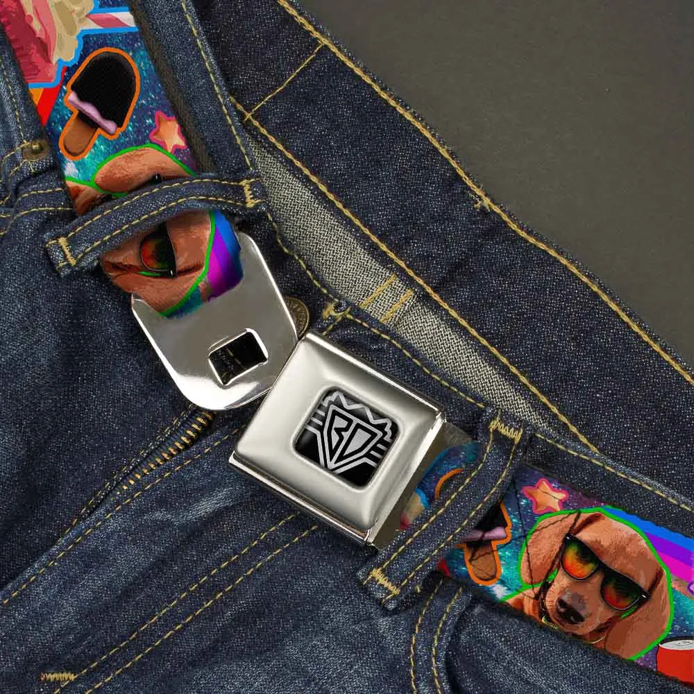 BD Wings Logo CLOSE-UP Full Color Black Silver Seatbelt Belt - Pets & Snacks Rainbow Collage Webbing