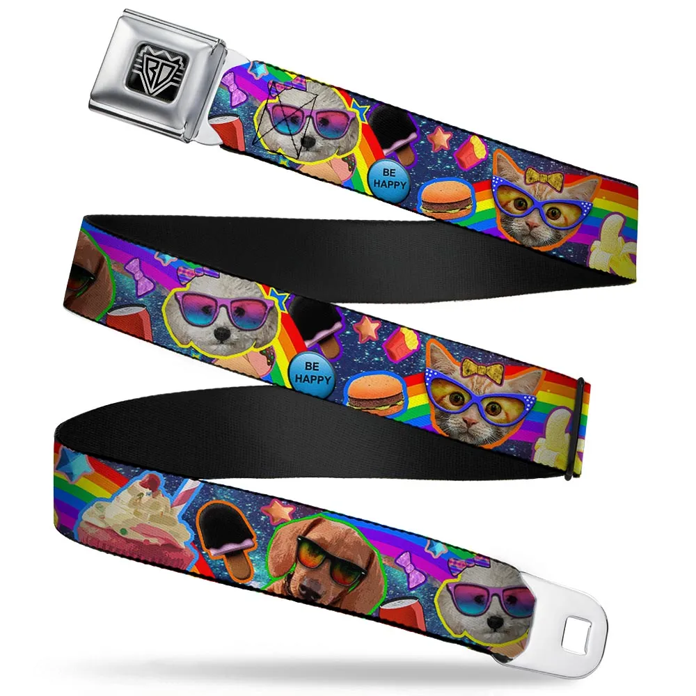 BD Wings Logo CLOSE-UP Full Color Black Silver Seatbelt Belt - Pets & Snacks Rainbow Collage Webbing