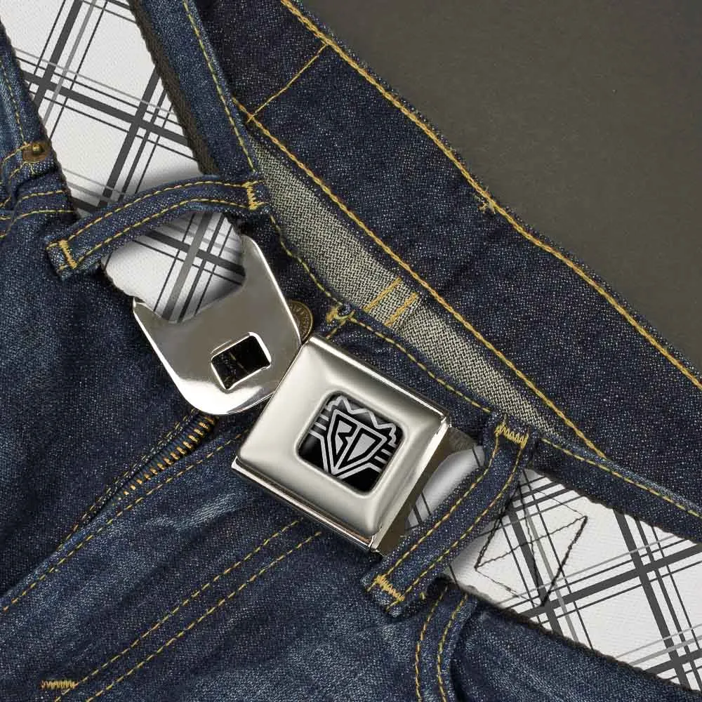 BD Wings Logo CLOSE-UP Full Color Black Silver Seatbelt Belt - Plaid X White/Gray Webbing