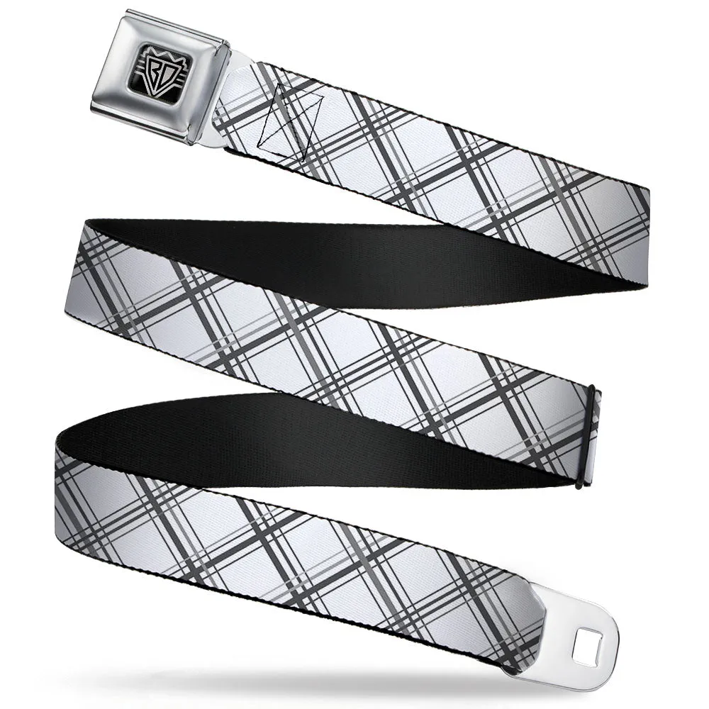 BD Wings Logo CLOSE-UP Full Color Black Silver Seatbelt Belt - Plaid X White/Gray Webbing