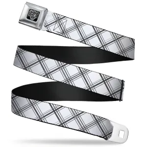 BD Wings Logo CLOSE-UP Full Color Black Silver Seatbelt Belt - Plaid X White/Gray Webbing