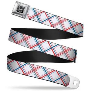 BD Wings Logo CLOSE-UP Full Color Black Silver Seatbelt Belt - Plaid X White/Red/Turquoise/Gray Webbing
