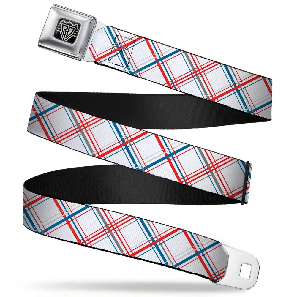 BD Wings Logo CLOSE-UP Full Color Black Silver Seatbelt Belt - Plaid X White/Red/Turquoise/Gray Webbing