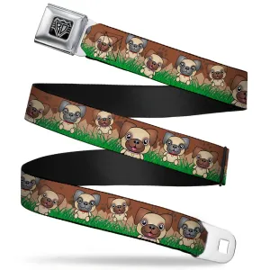BD Wings Logo CLOSE-UP Full Color Black Silver Seatbelt Belt - Pug Puppies/Paw Prints Browns/Greens Webbing