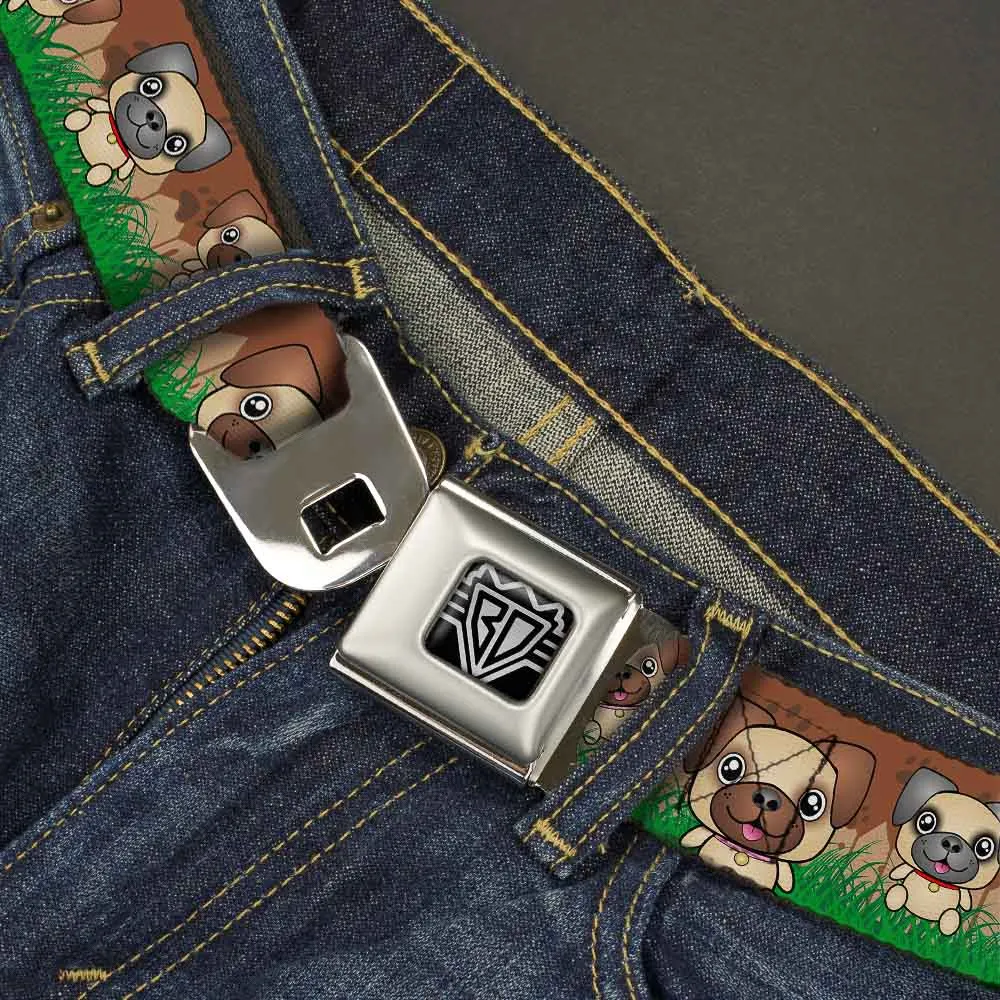 BD Wings Logo CLOSE-UP Full Color Black Silver Seatbelt Belt - Pug Puppies/Paw Prints Browns/Greens Webbing