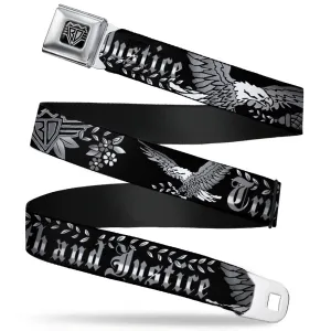 BD Wings Logo CLOSE-UP Full Color Black Silver Seatbelt Belt - Truth and Justice Black/White Webbing