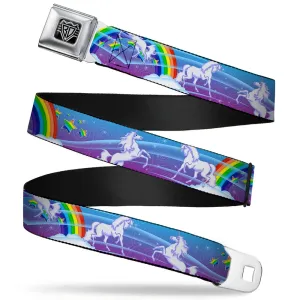 BD Wings Logo CLOSE-UP Full Color Black Silver Seatbelt Belt - Unicorns/Rainbows/Stars Blue/Rainbow/White Webbing