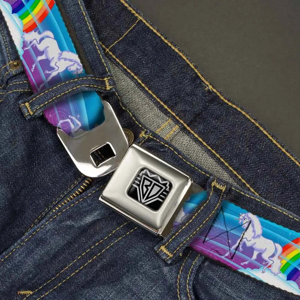 BD Wings Logo CLOSE-UP Full Color Black Silver Seatbelt Belt - Unicorns/Rainbows/Stars Blue/Rainbow/White Webbing