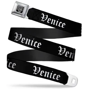 BD Wings Logo CLOSE-UP Full Color Black Silver Seatbelt Belt - VENICE Old English Black/White Webbing