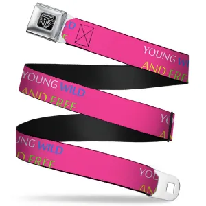 BD Wings Logo CLOSE-UP Full Color Black Silver Seatbelt Belt - YOUNG WILD AND FREE Pink/White/Blue/Yellow/Green Webbing