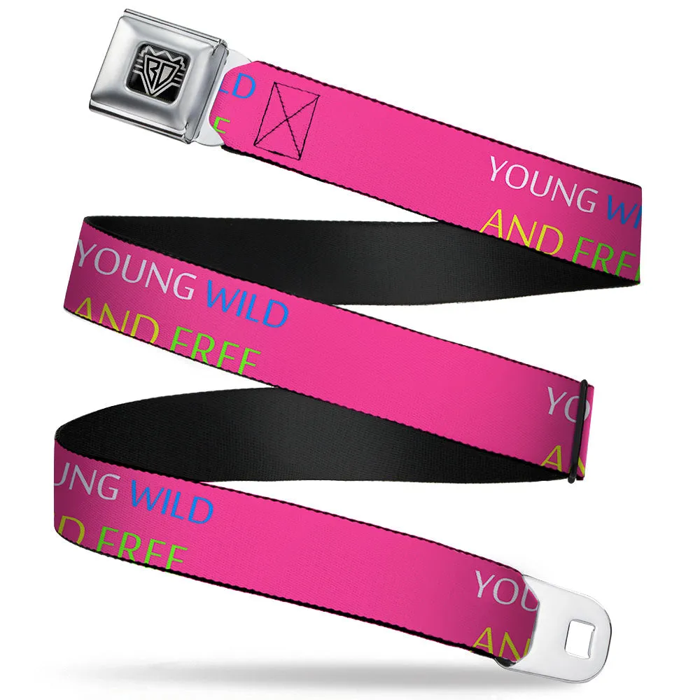 BD Wings Logo CLOSE-UP Full Color Black Silver Seatbelt Belt - YOUNG WILD AND FREE Pink/White/Blue/Yellow/Green Webbing