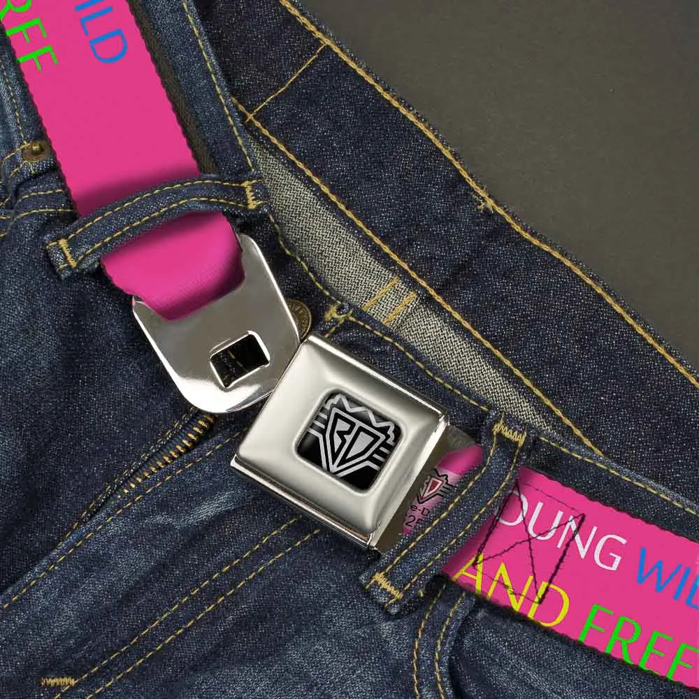 BD Wings Logo CLOSE-UP Full Color Black Silver Seatbelt Belt - YOUNG WILD AND FREE Pink/White/Blue/Yellow/Green Webbing