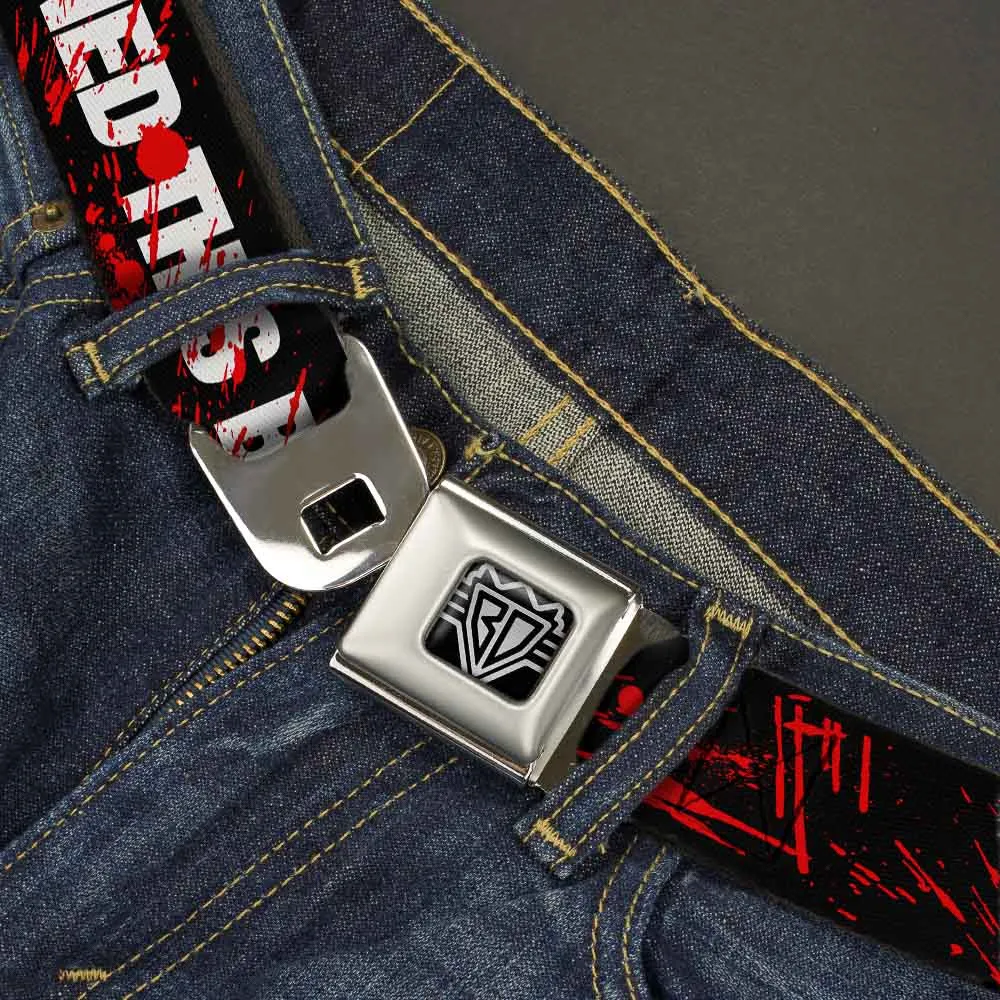 BD Wings Logo CLOSE-UP Full Color Black Silver Seatbelt Belt - ZOMBIES RUINED THIS BELT Black/White/Red Splatter Webbing