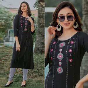 Black Embroidered Pure Cotton Kurti