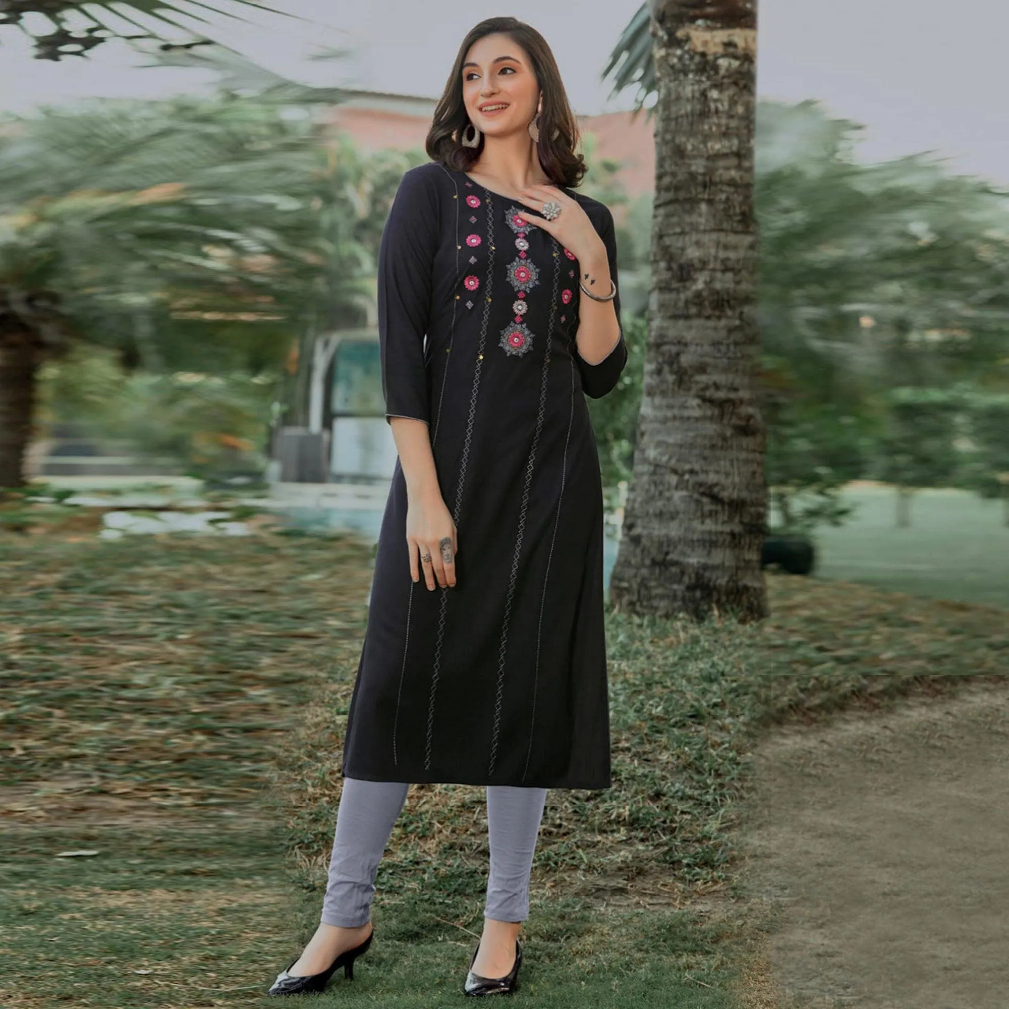 Black Embroidered Pure Cotton Kurti