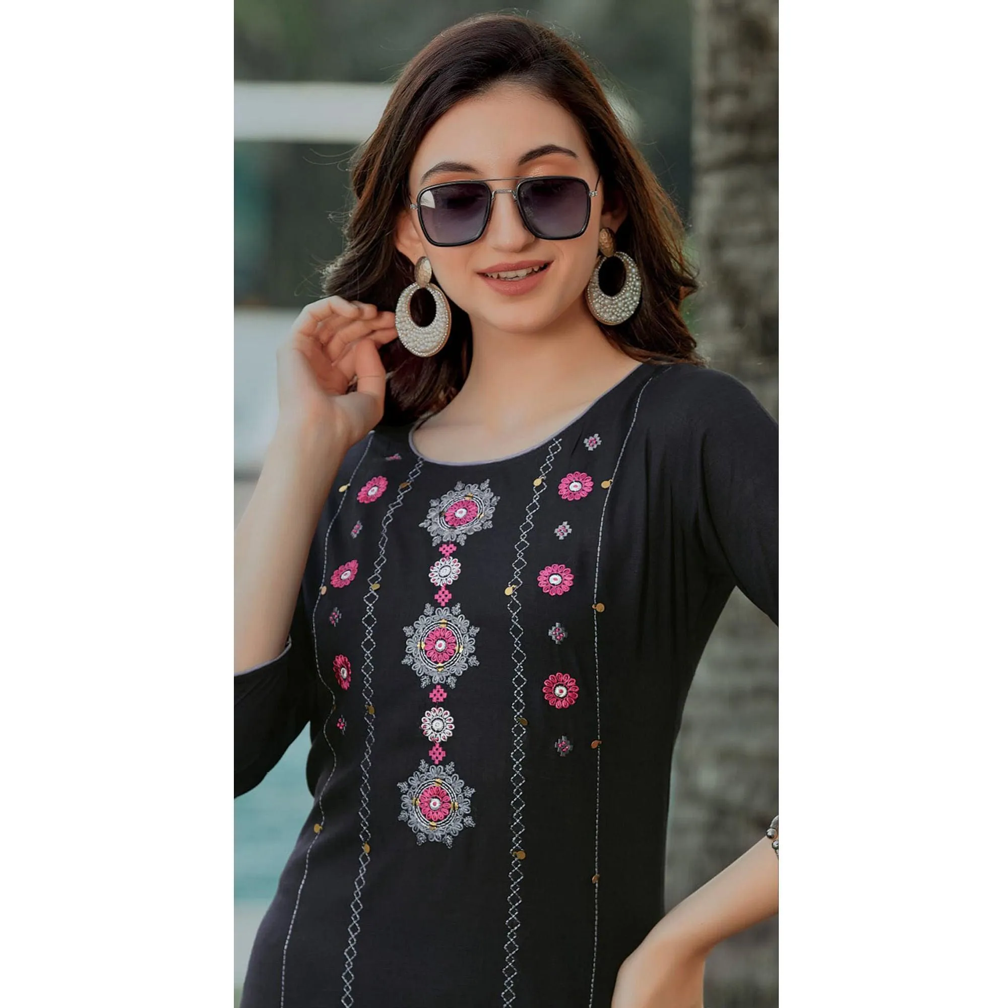 Black Embroidered Pure Cotton Kurti