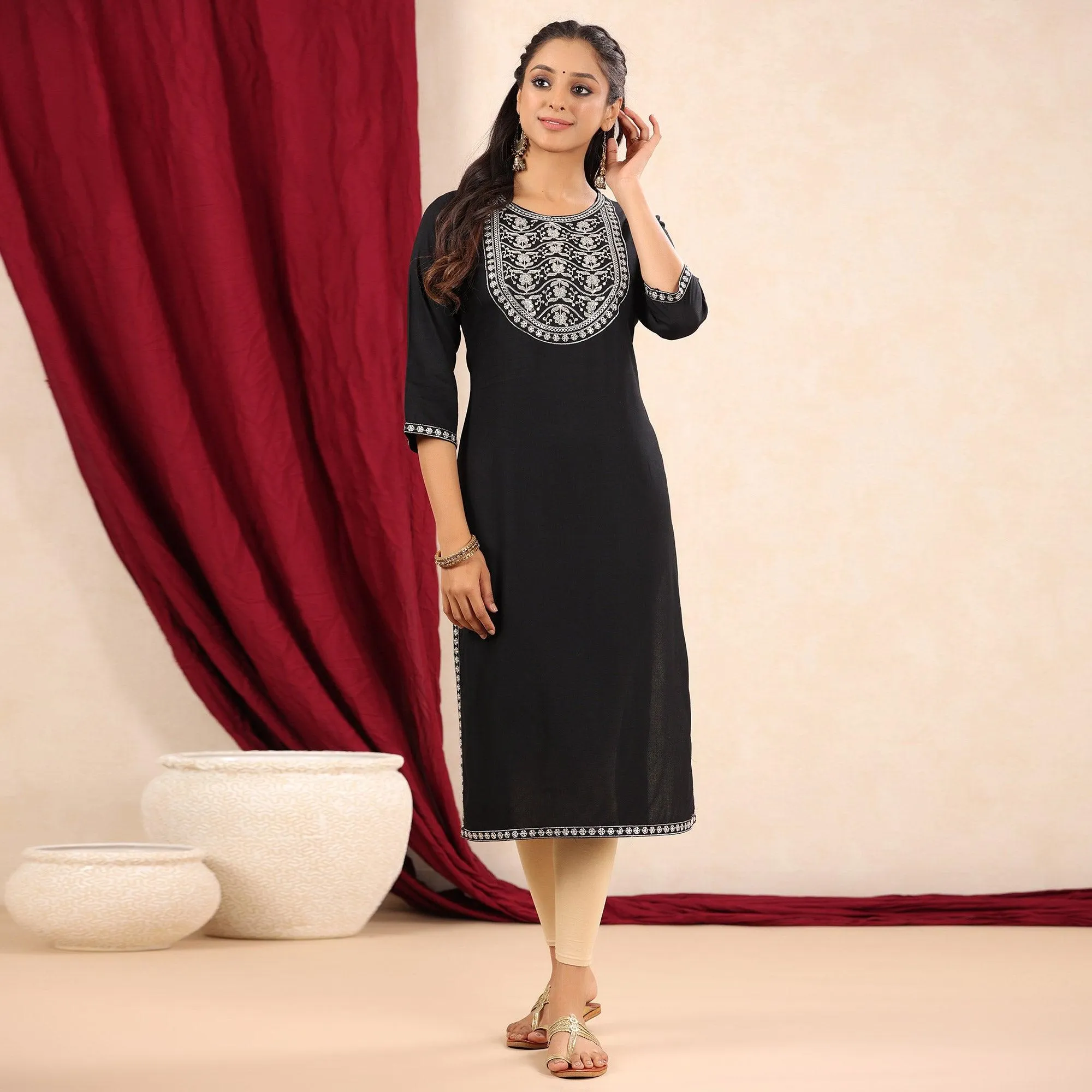 Black Floral Embroidered Pure Cotton Kurti